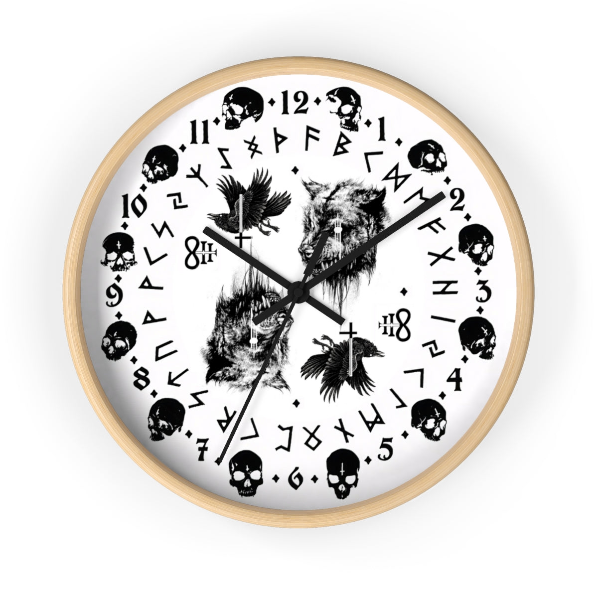 Fenrir son of Loki. Odin's ravens Munin and Hugin -  Wall clock - Pagan, Rune and skull clock. Witchcraft and Viking style. White version.