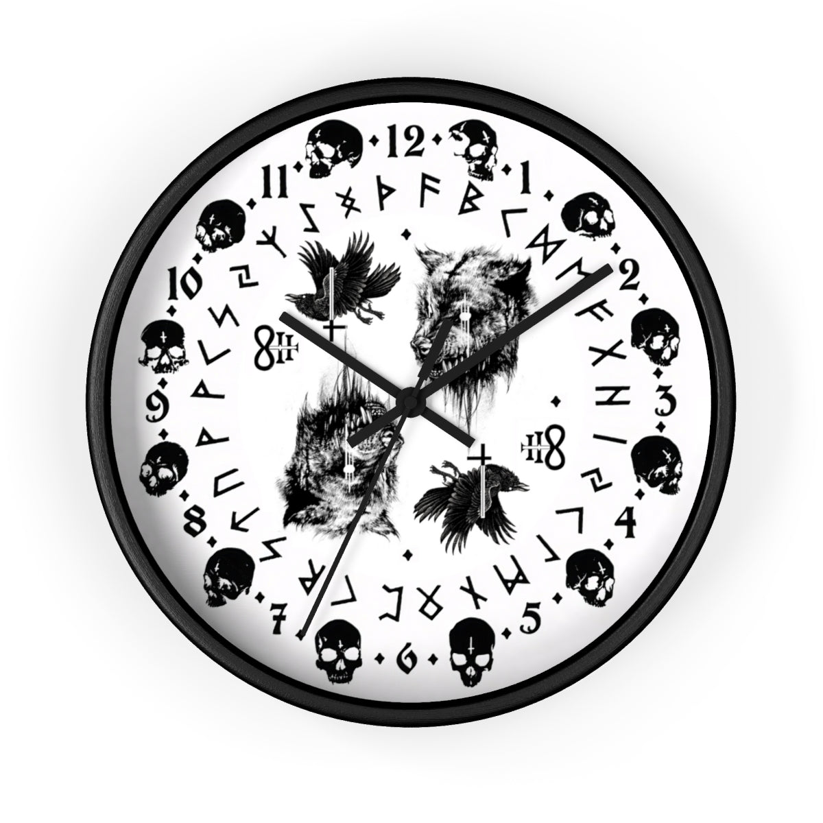 Fenrir son of Loki. Odin's ravens Munin and Hugin -  Wall clock - Pagan, Rune and skull clock. Witchcraft and Viking style. White version.