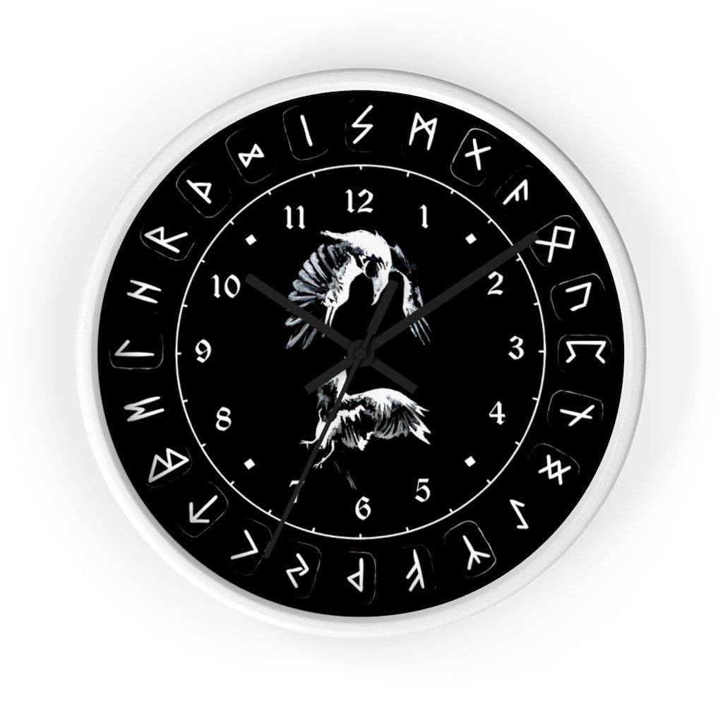 Wall clock - Ravens Play - Runes. Norse Viking clock. Black version