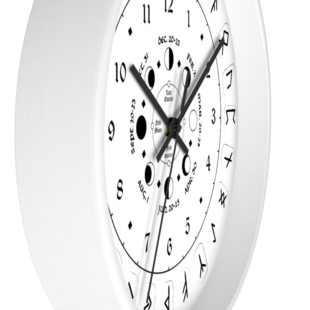 Wall clock - Pagan, Rune and moon cycle clock. witchcraft. White version.