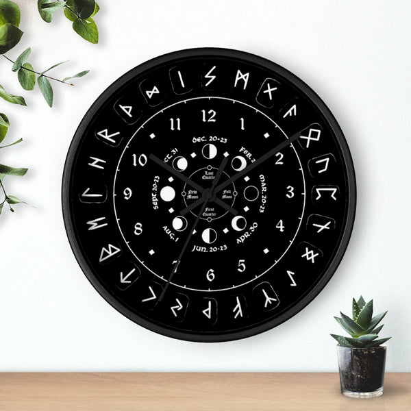Wall clock - Pagan, Rune and moon cycle clock. witchcraft. Black version.