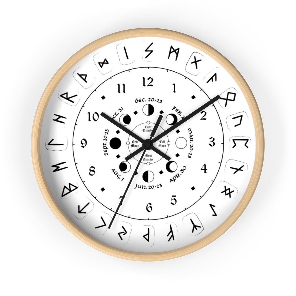 Wall clock - Pagan, Rune and moon cycle clock. witchcraft. White version.