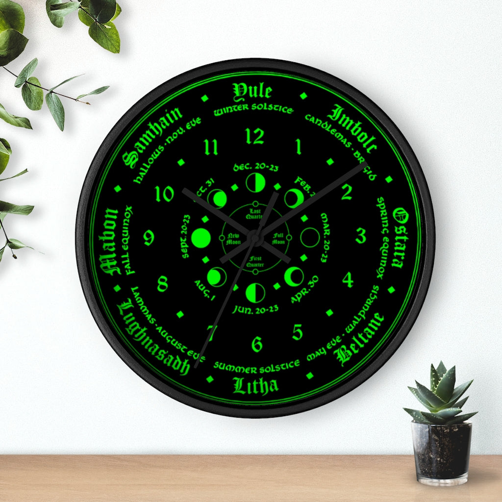 Wall clock -  Wicca Pagan Celtic Triquetra. witchy green.
