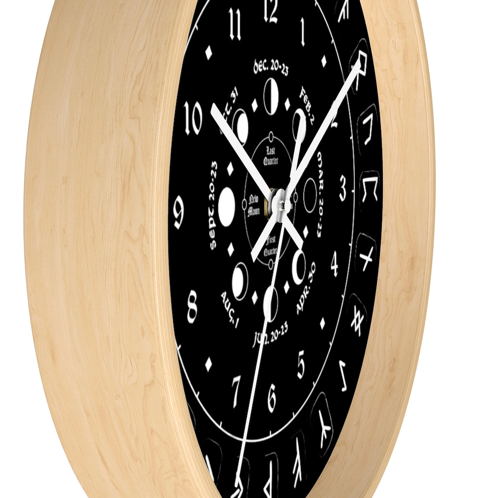 Wall clock - Pagan, Rune and moon cycle clock. witchcraft. Black version.