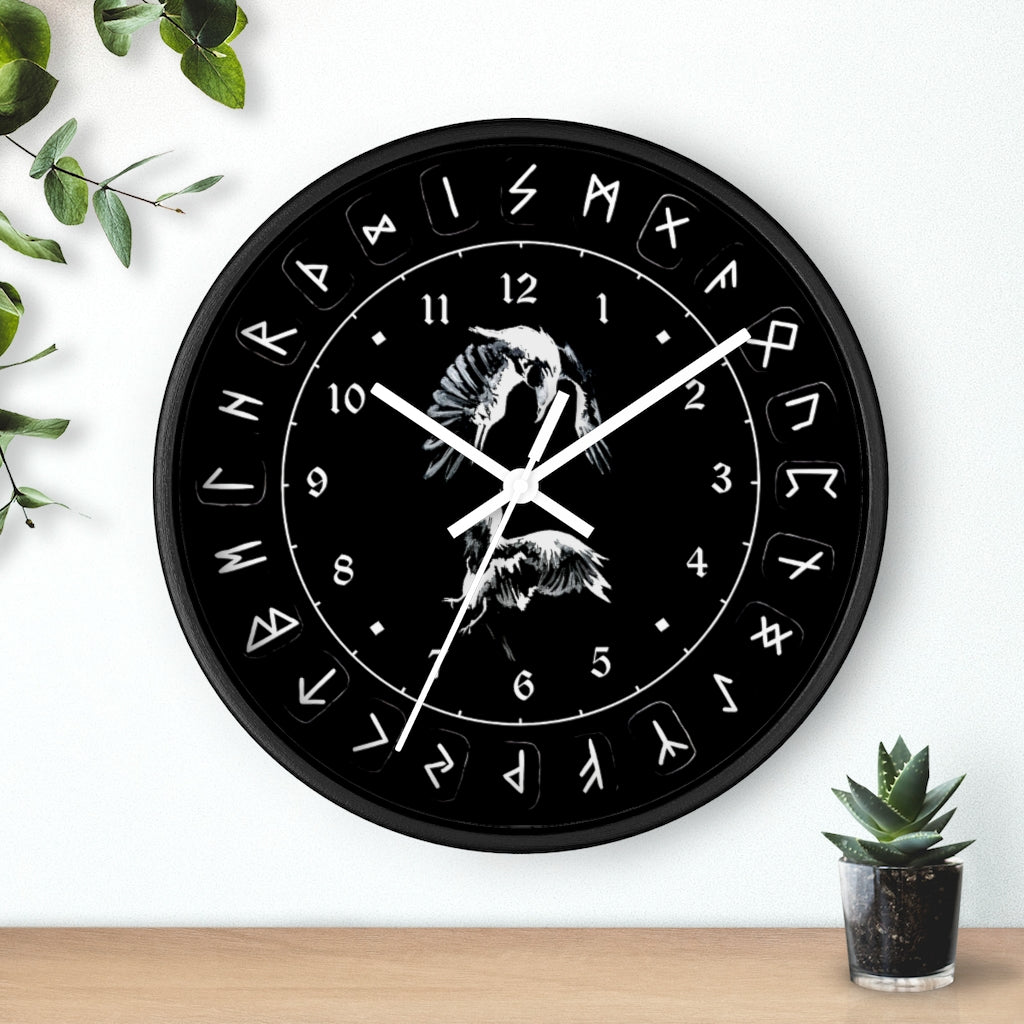 Wall clock - Ravens Play - Runes. Norse Viking clock. Black version