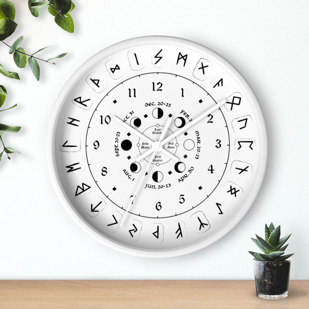 Wall clock - Pagan, Rune and moon cycle clock. witchcraft. White version.
