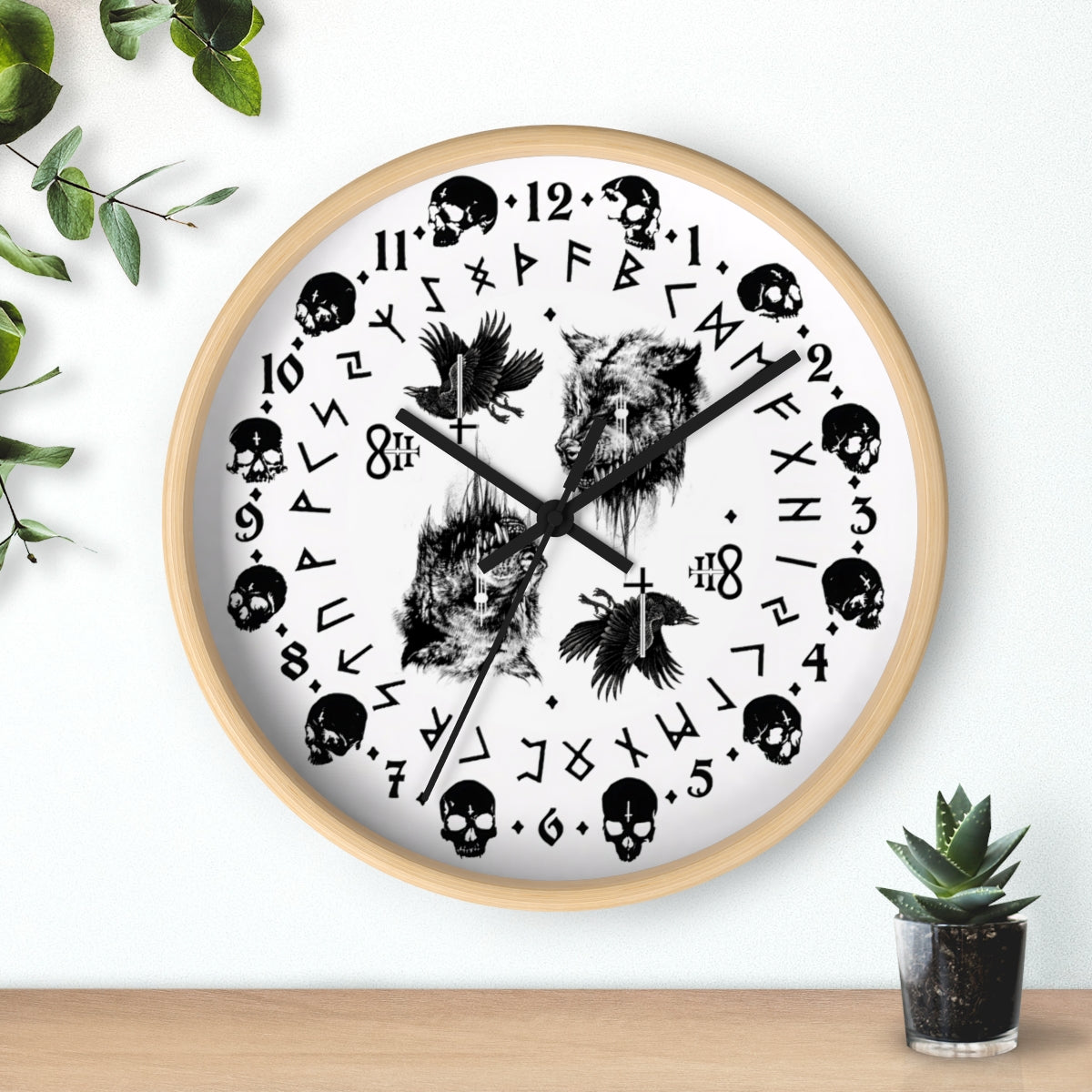 Fenrir son of Loki. Odin's ravens Munin and Hugin -  Wall clock - Pagan, Rune and skull clock. Witchcraft and Viking style. White version.