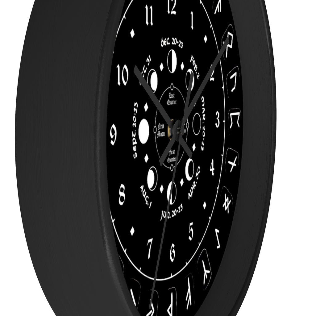 Wall clock - Pagan, Rune and moon cycle clock. witchcraft. Black version.