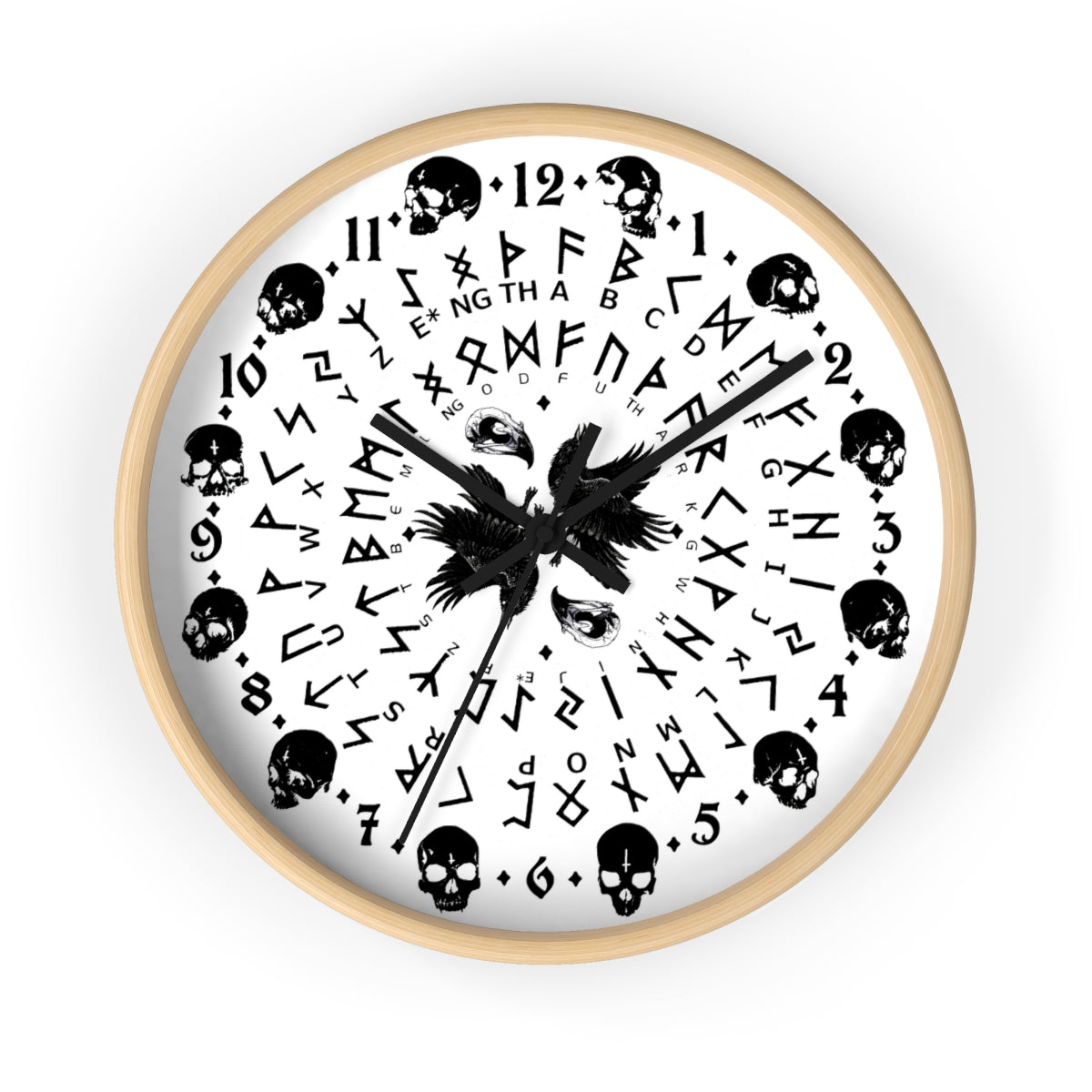 Huginn and Muninn. Odin Wall clock - Pagan, Rune and moon cycle clock. witchcraft. Black version.