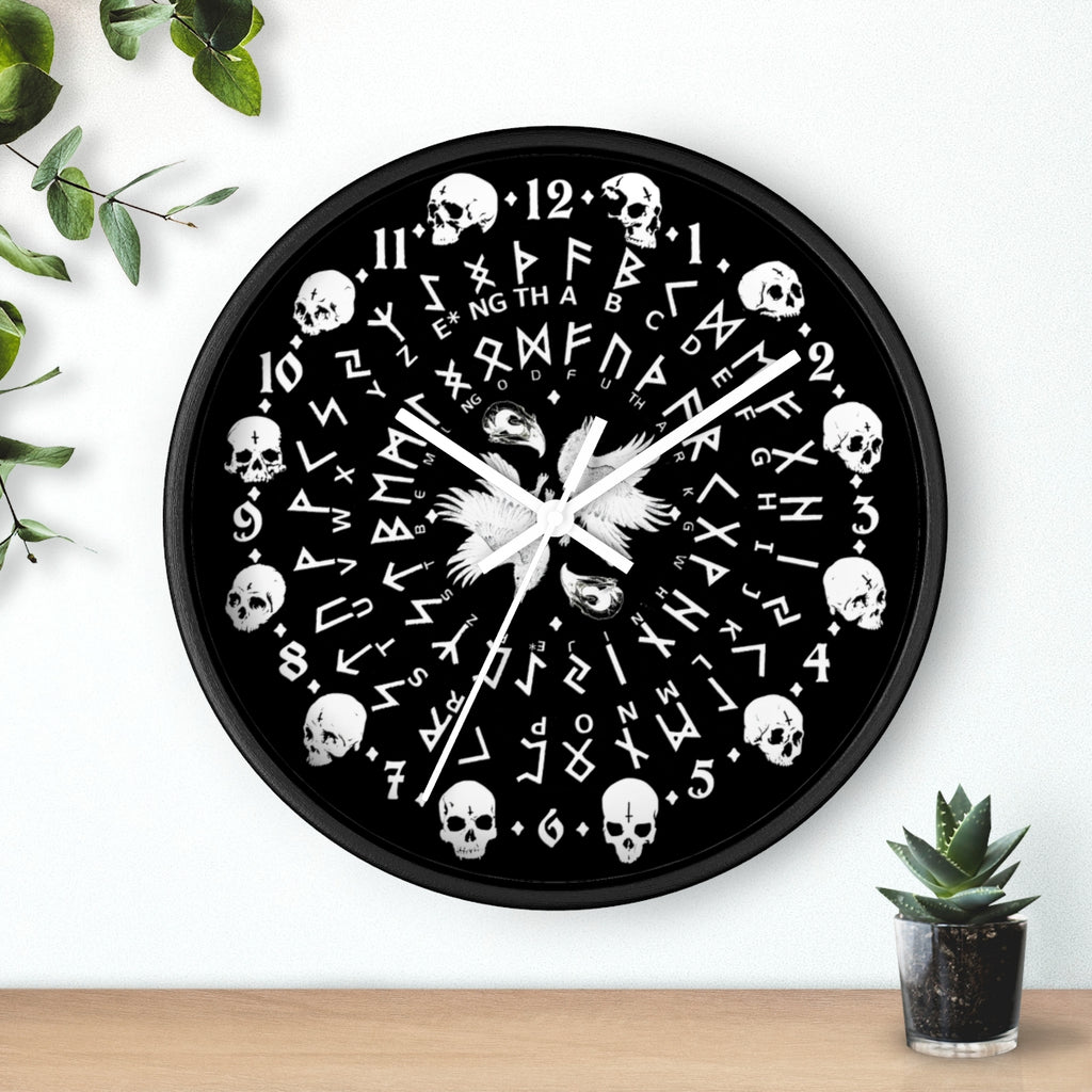Huginn and Muninn. Odin Wall clock - Pagan, Rune and skull clock. Witchcraft and Viking style. Black version.