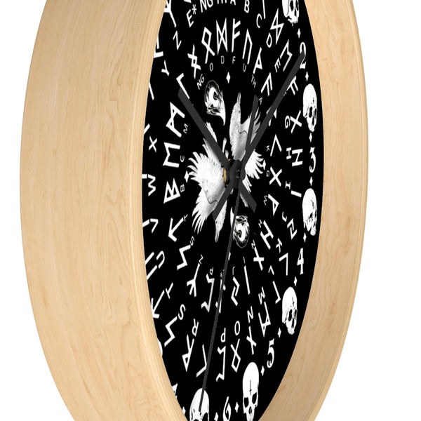 Huginn and Muninn. Odin Wall clock - Pagan, Rune and skull clock. Witchcraft and Viking style. Black version.