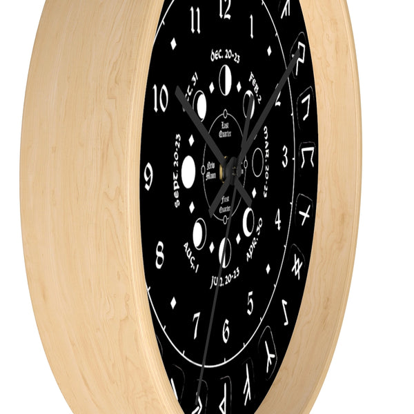 Wall clock - Pagan, Rune and moon cycle clock. witchcraft. Black version.