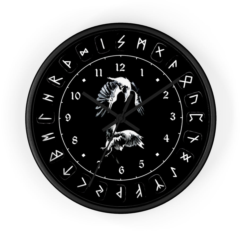 Wall clock - Ravens Play - Runes. Norse Viking clock. Black version