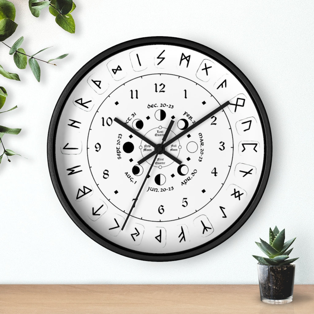 Wall clock - Pagan, Rune and moon cycle clock. witchcraft. White version.