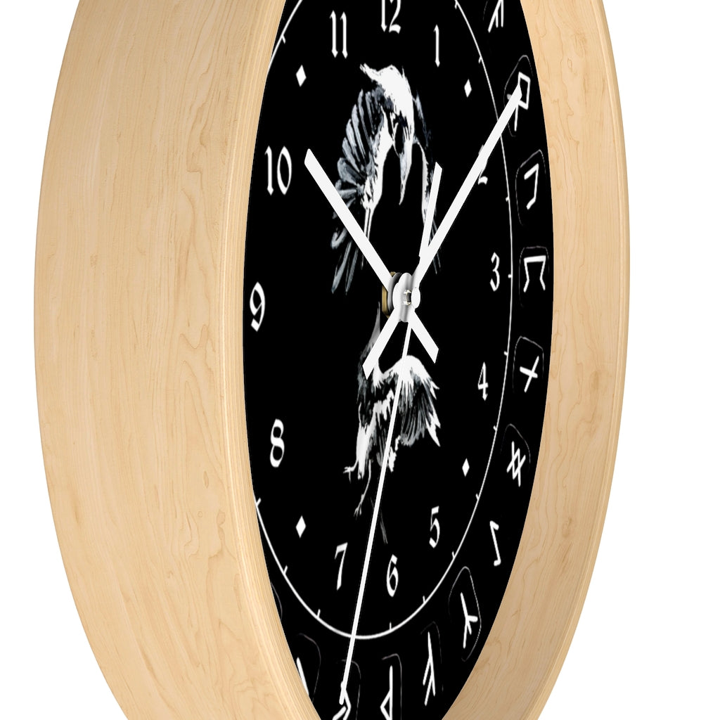Wall clock - Ravens Play - Runes. Norse Viking clock. Black version