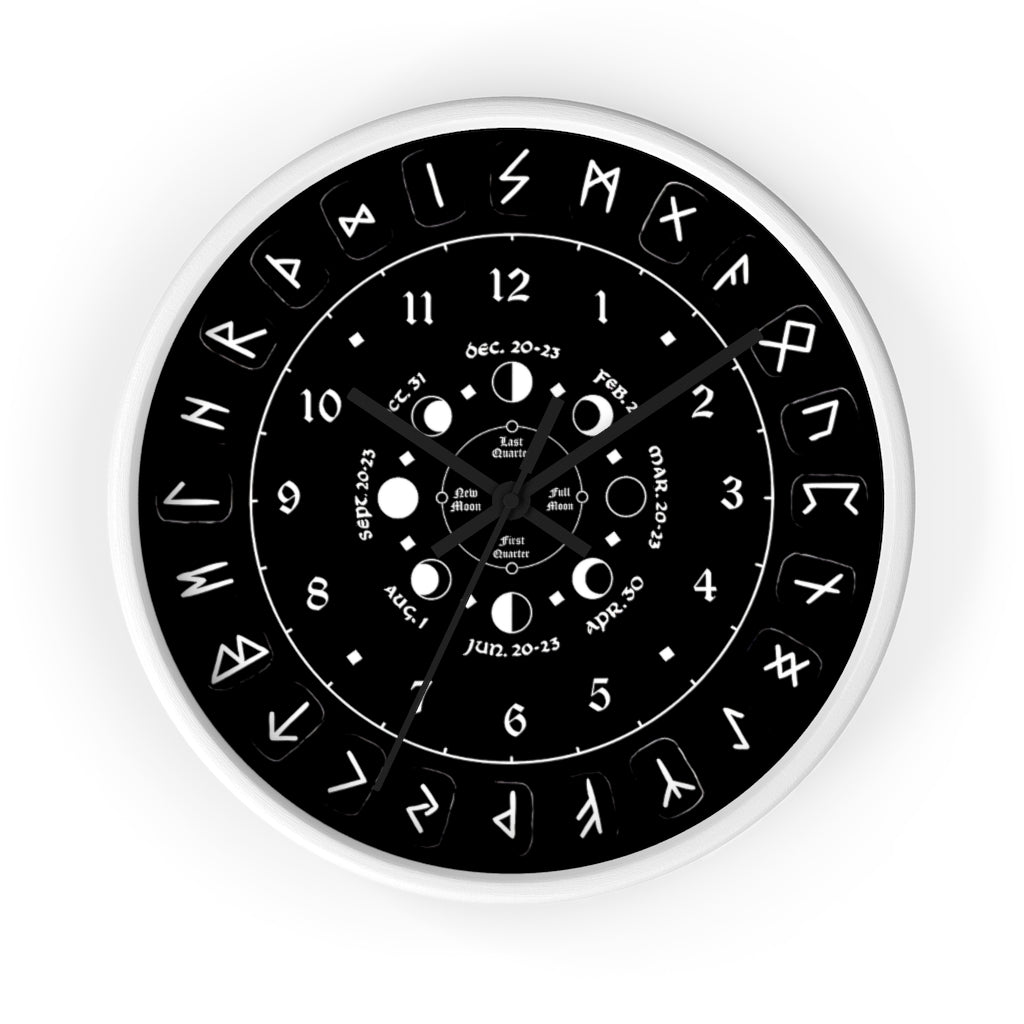 Wall clock - Pagan, Rune and moon cycle clock. witchcraft. Black version.