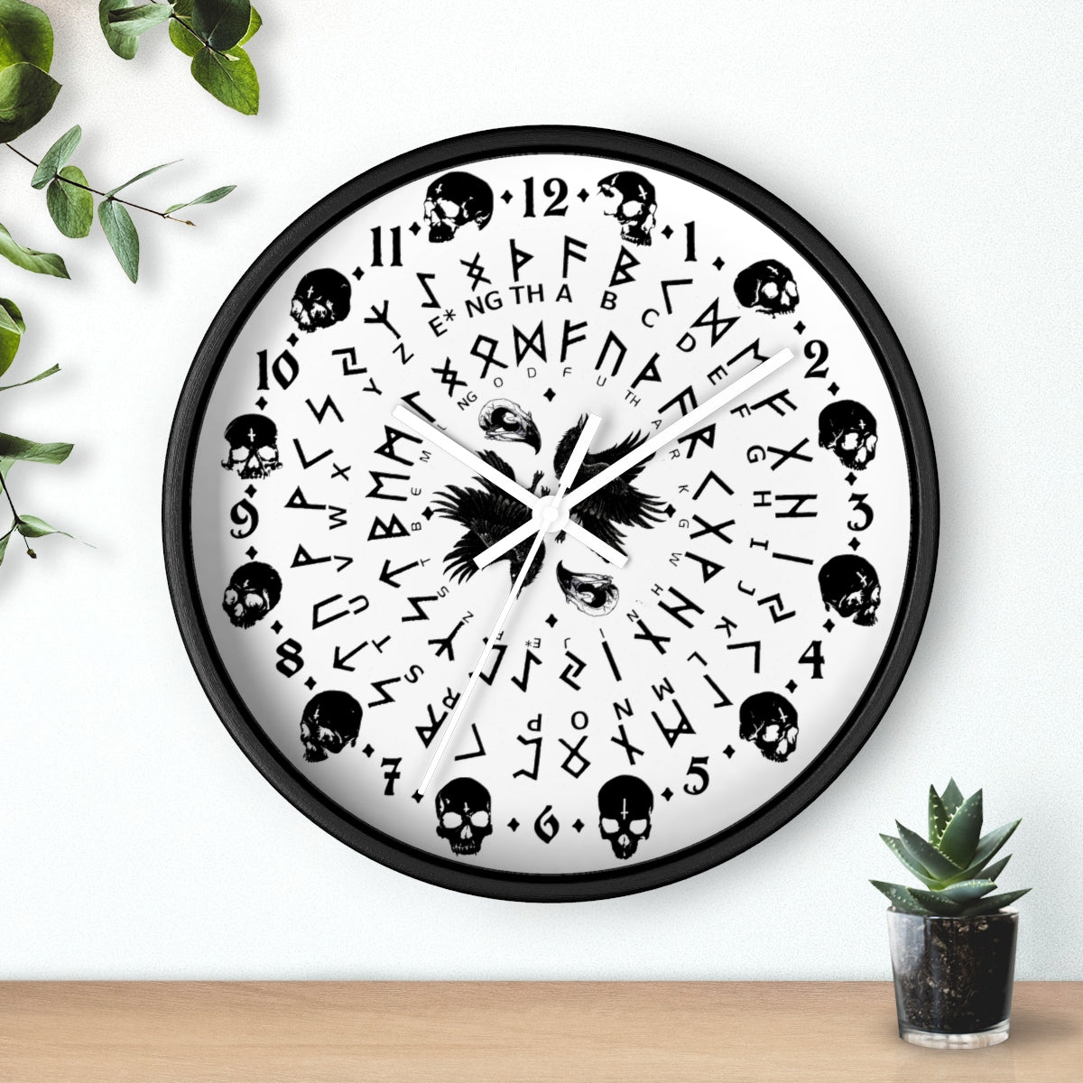 Huginn and Muninn. Odin Wall clock - Pagan, Rune and moon cycle clock. witchcraft. Black version.