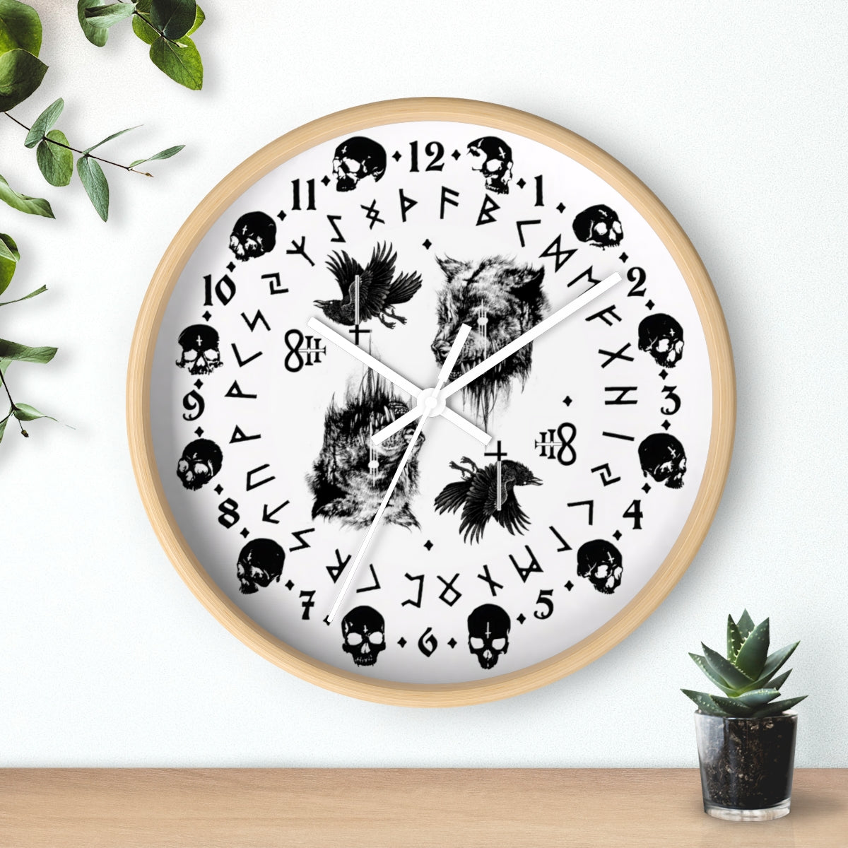 Fenrir son of Loki. Odin's ravens Munin and Hugin -  Wall clock - Pagan, Rune and skull clock. Witchcraft and Viking style. White version.