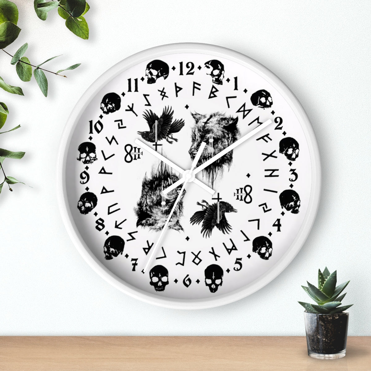 Fenrir son of Loki. Odin's ravens Munin and Hugin -  Wall clock - Pagan, Rune and skull clock. Witchcraft and Viking style. White version.