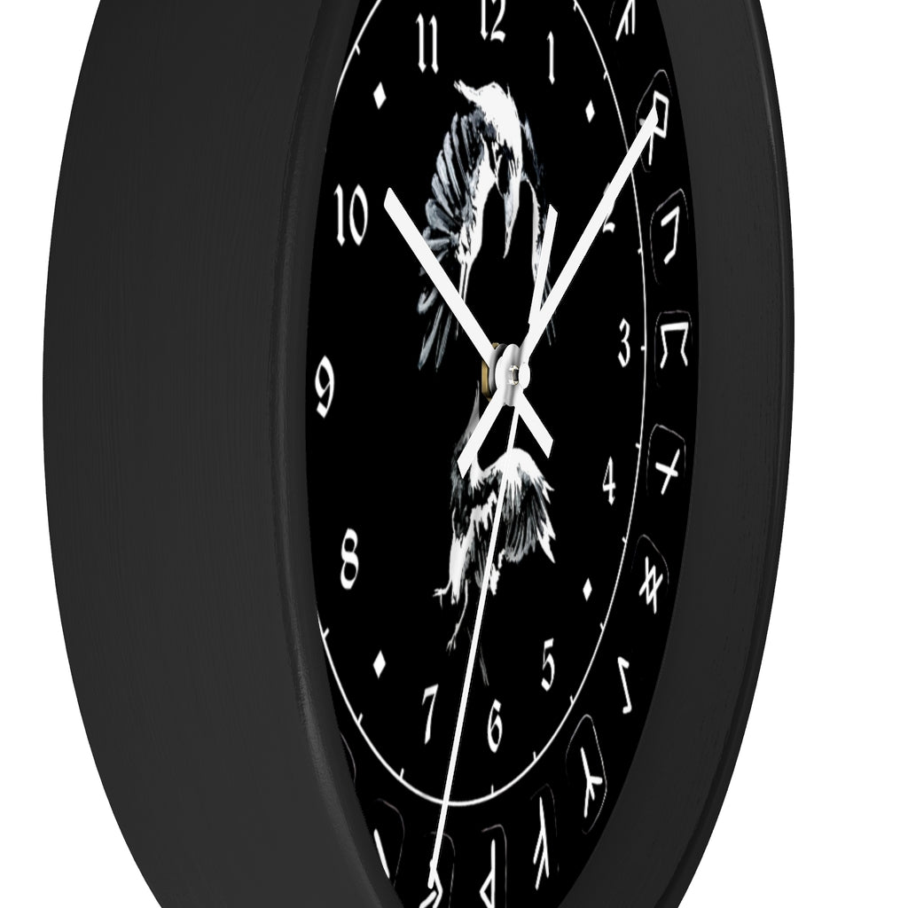 Wall clock - Ravens Play - Runes. Norse Viking clock. Black version