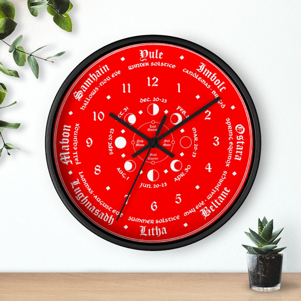 Wall clock -  Wicca Pagan Celtic Triquetra. Ravens blood red.