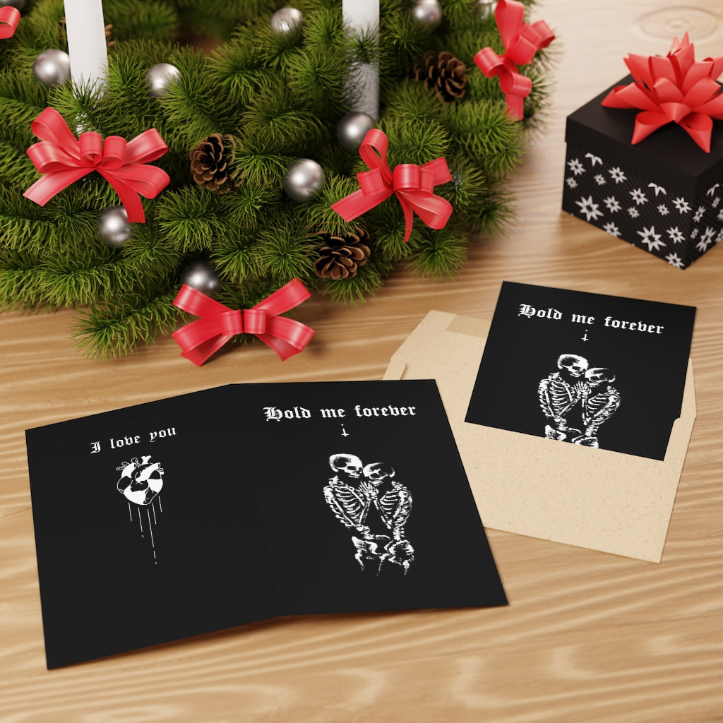 Hold me forever. Valentines. Greeting Cards (1 or 10-pcs). Black version. I love you. Anniversary, Christmas, Birthday card