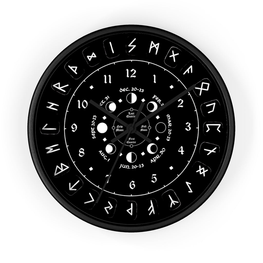 Wall clock - Pagan, Rune and moon cycle clock. witchcraft. Black version.