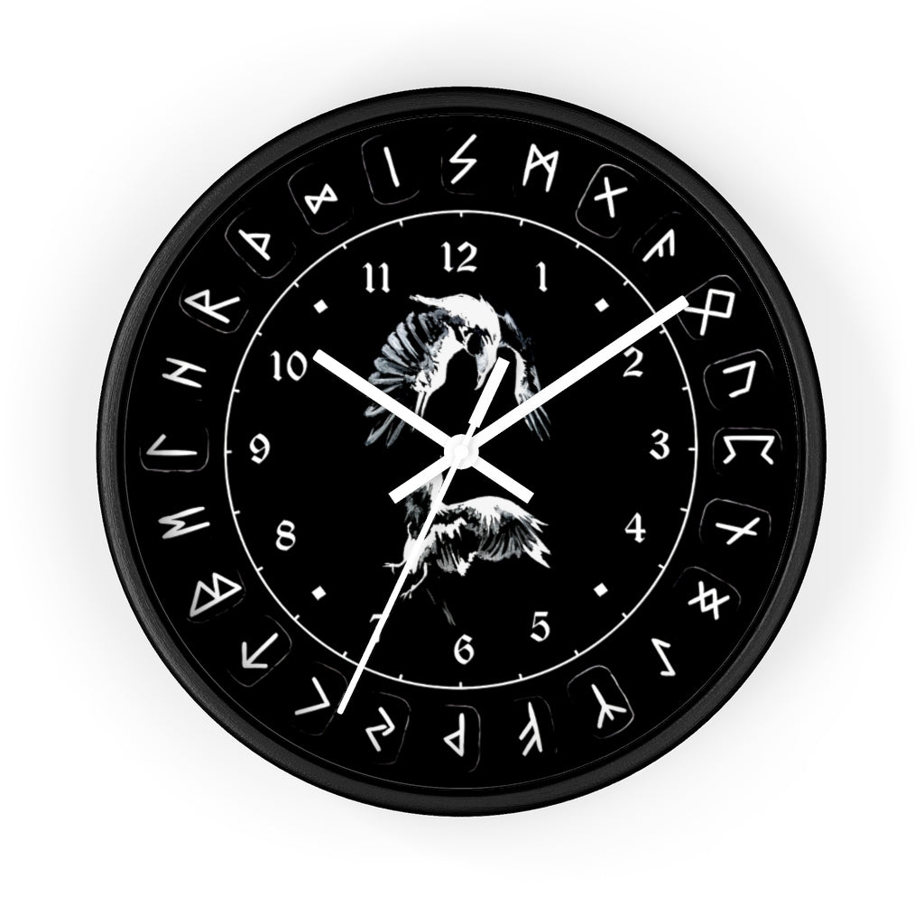 Wall clock - Ravens Play - Runes. Norse Viking clock. Black version