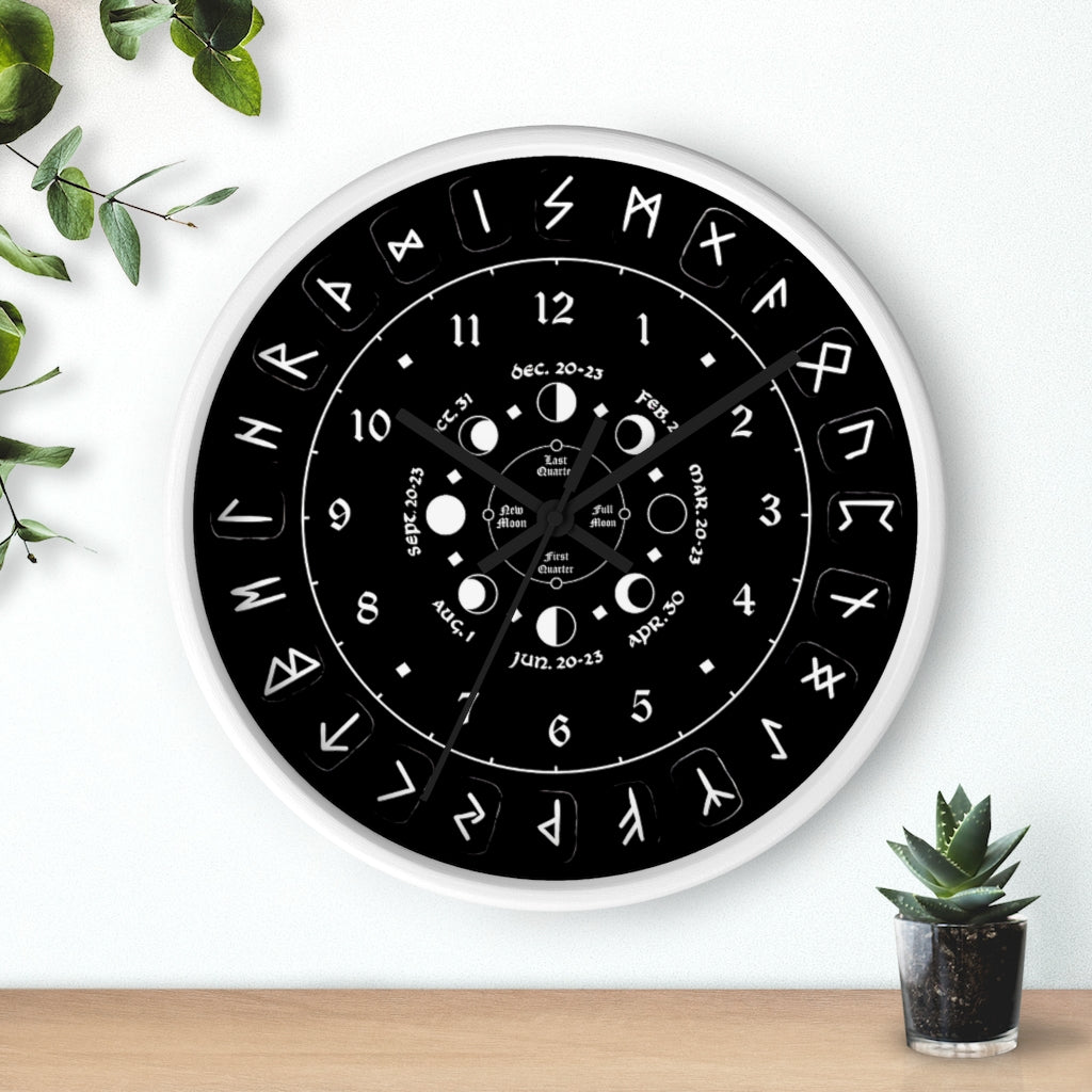 Wall clock - Pagan, Rune and moon cycle clock. witchcraft. Black version.
