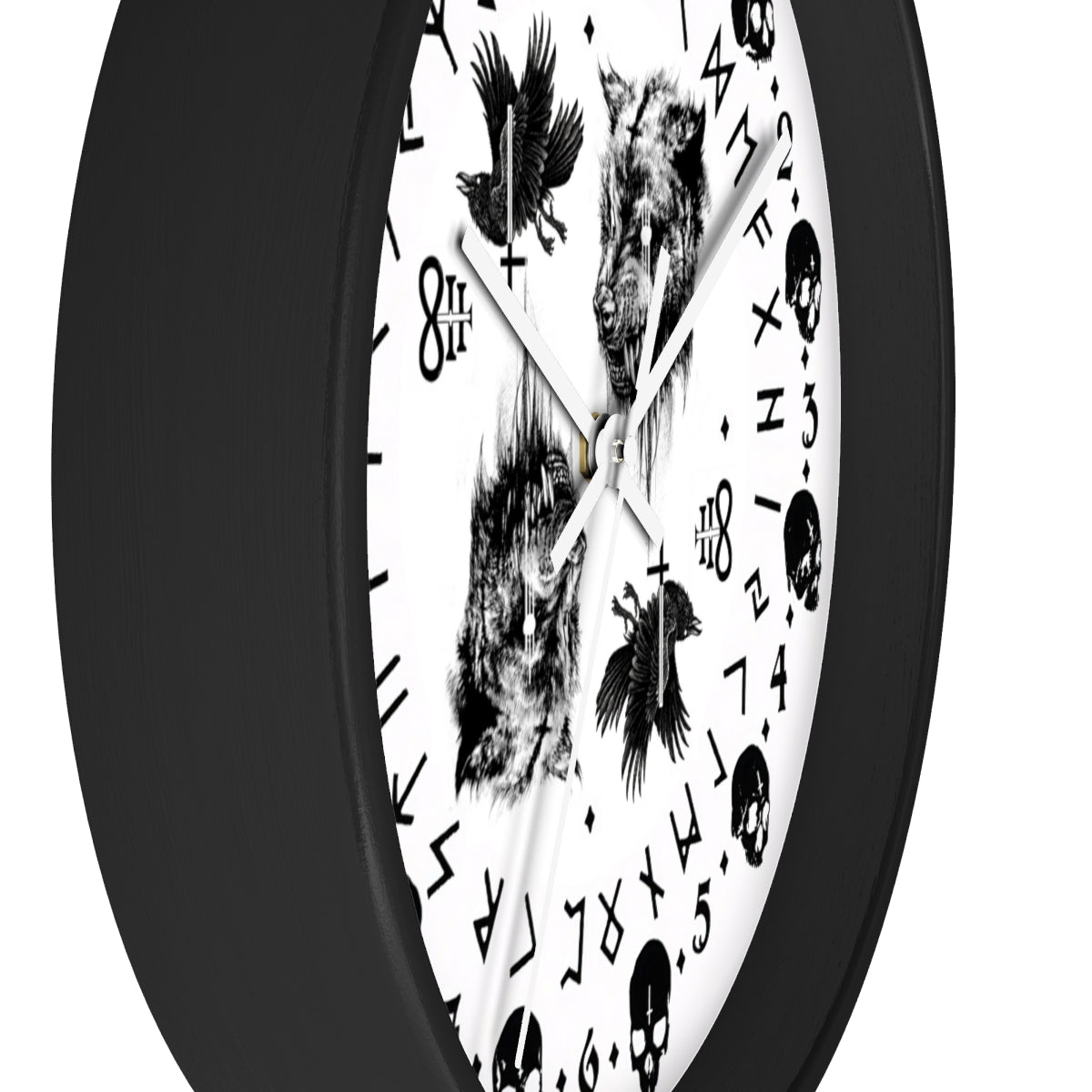 Fenrir son of Loki. Odin's ravens Munin and Hugin -  Wall clock - Pagan, Rune and skull clock. Witchcraft and Viking style. White version.