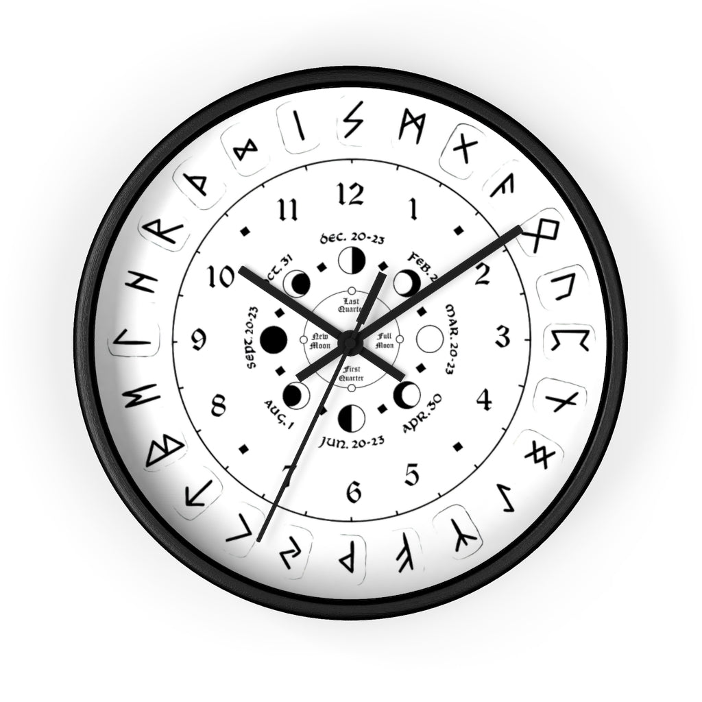 Wall clock - Pagan, Rune and moon cycle clock. witchcraft. White version.