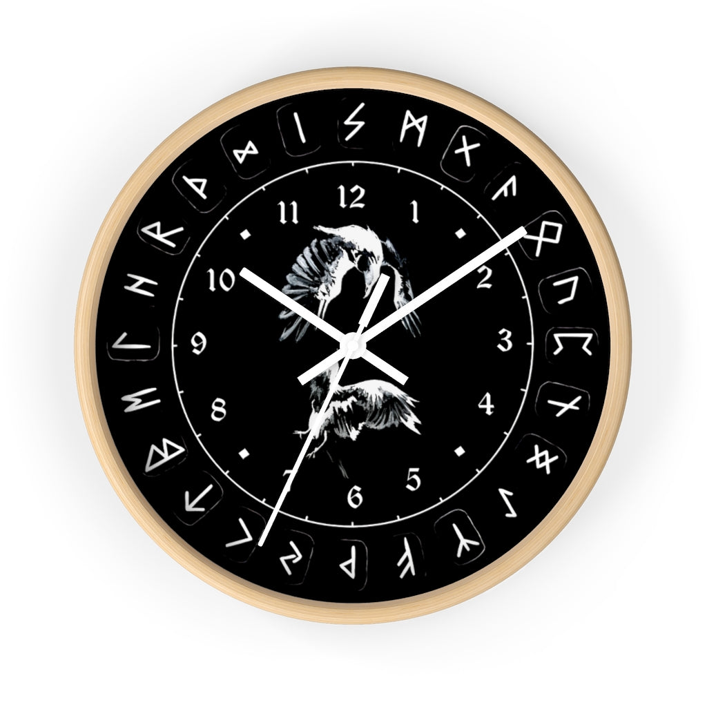 Wall clock - Ravens Play - Runes. Norse Viking clock. Black version