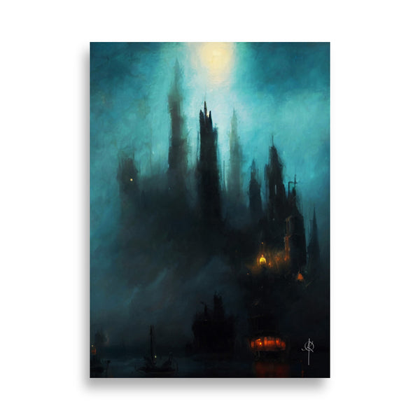 Castle harbor by moonlight - Oil painting. Art print and poster.