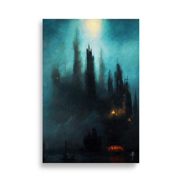 Castle harbor by moonlight - Oil painting. Art print and poster.