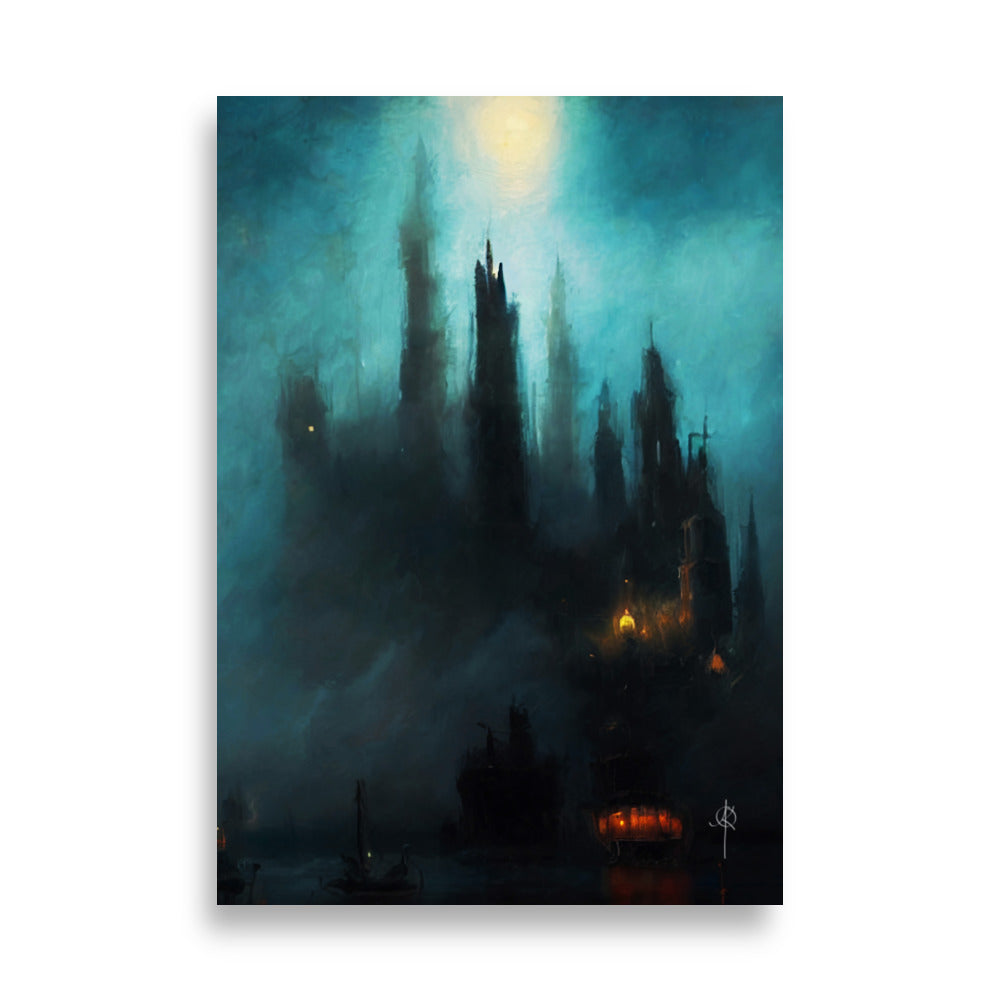 Castle harbor by moonlight - Oil painting. Art print and poster.
