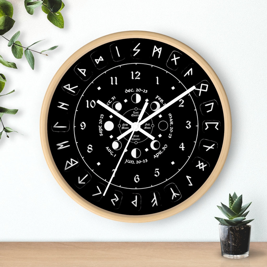 Wall clock - Pagan, Rune and moon cycle clock. witchcraft. Black version.