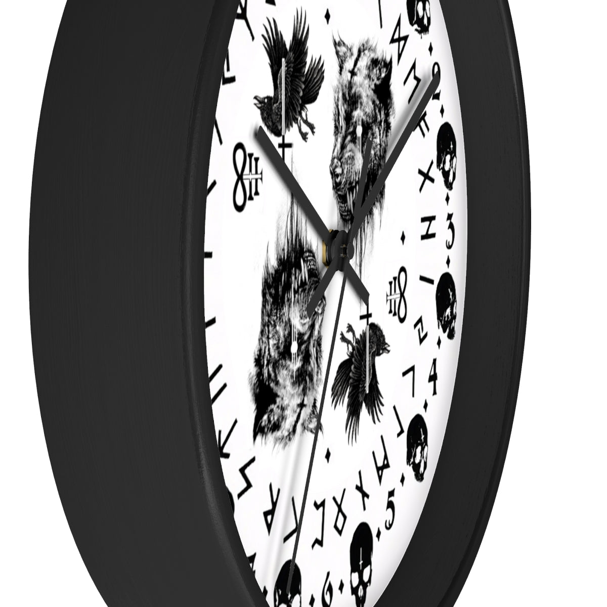 Fenrir son of Loki. Odin's ravens Munin and Hugin -  Wall clock - Pagan, Rune and skull clock. Witchcraft and Viking style. White version.