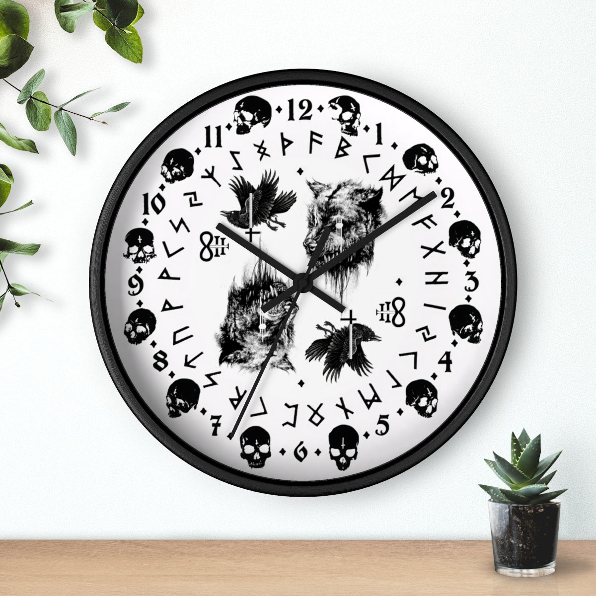 Fenrir son of Loki. Odin's ravens Munin and Hugin -  Wall clock - Pagan, Rune and skull clock. Witchcraft and Viking style. White version.