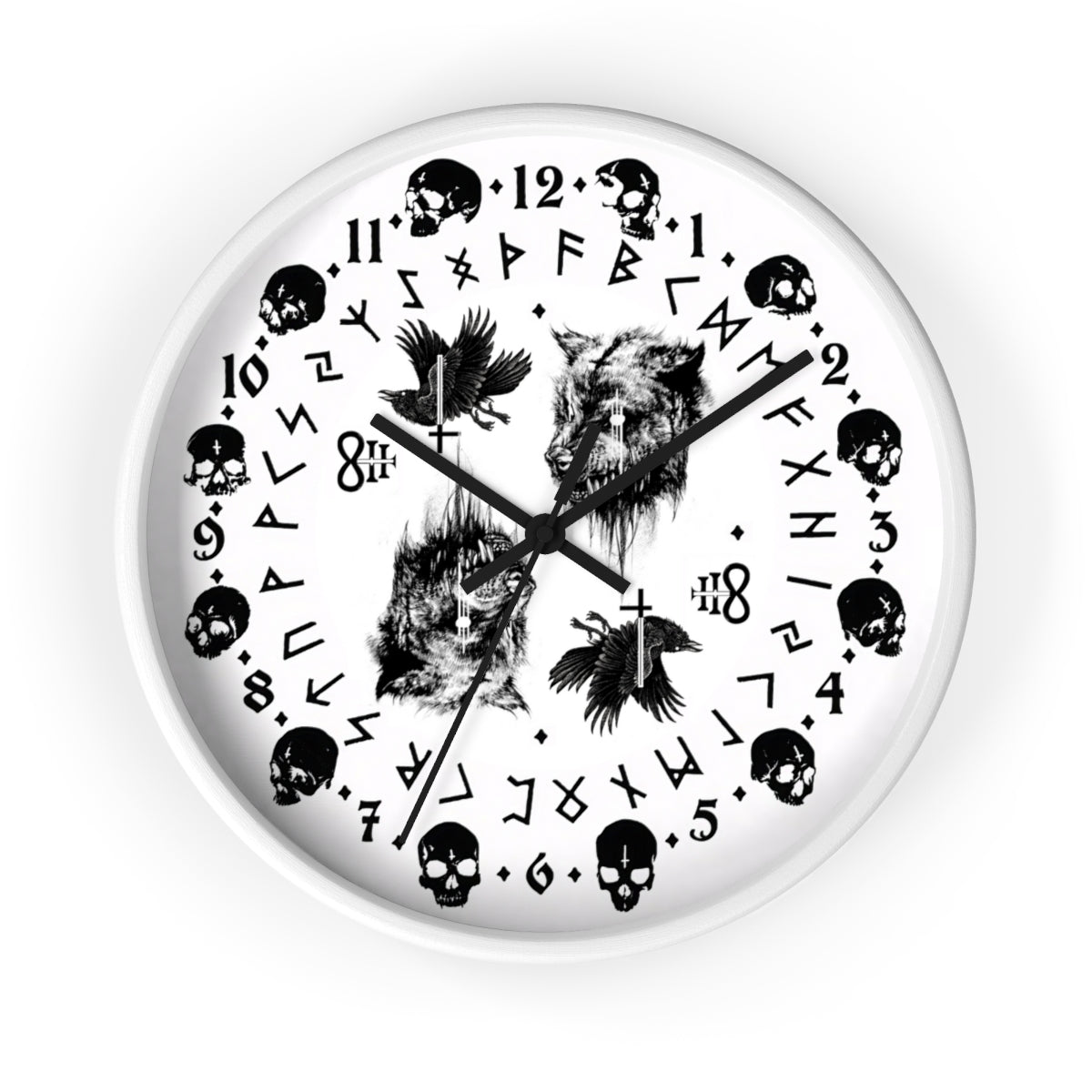 Fenrir son of Loki. Odin's ravens Munin and Hugin -  Wall clock - Pagan, Rune and skull clock. Witchcraft and Viking style. White version.