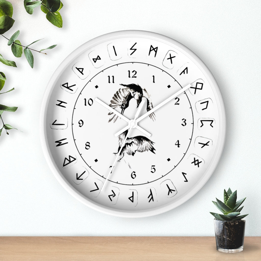 Wall clock - Ravens Play - Runes. Norse Viking clock