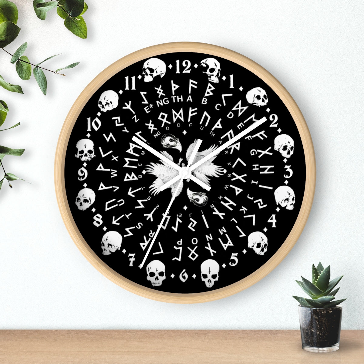 Huginn and Muninn. Odin Wall clock - Pagan, Rune and skull clock. Witchcraft and Viking style. Black version.