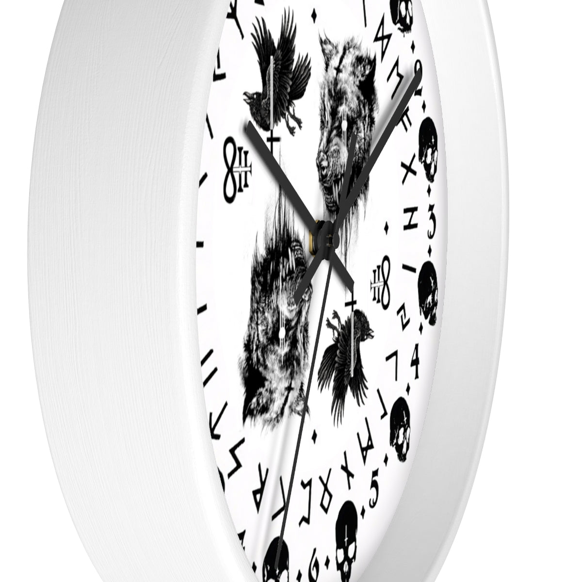 Fenrir son of Loki. Odin's ravens Munin and Hugin -  Wall clock - Pagan, Rune and skull clock. Witchcraft and Viking style. White version.