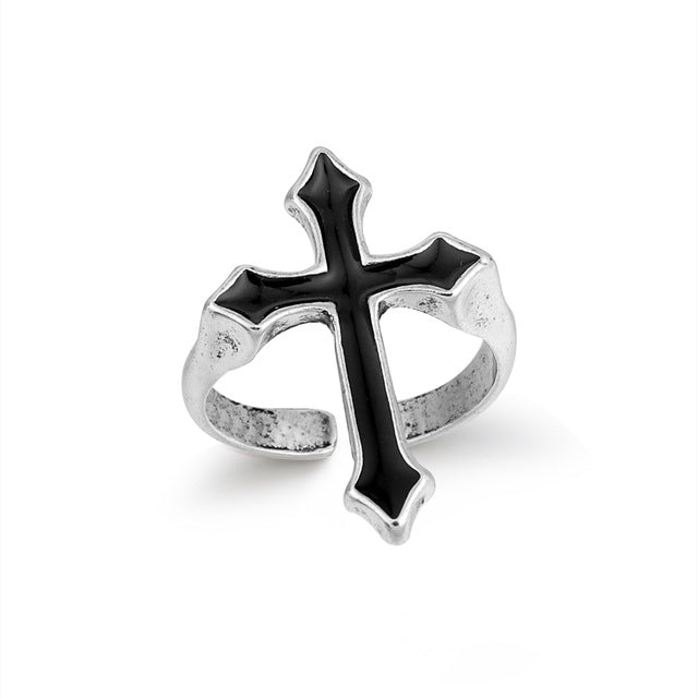GEOMEE 1PC Vintage Black Big Cross Open Ring For Women Party Jewelry Men Trendy Gothic Metal Color Finger Ring Anillo R58-1