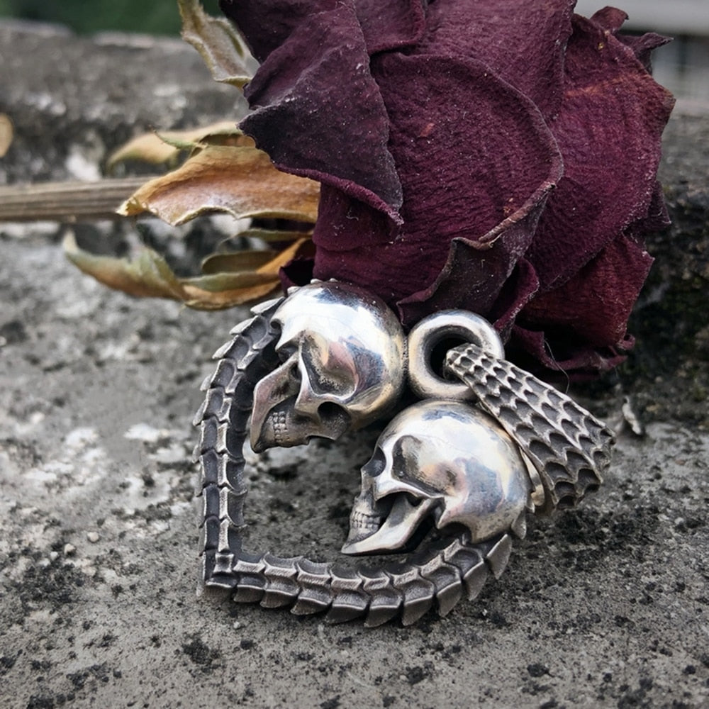 Stylish heart pendant with skulls, Silver skull necklace, Spine heart necklace, Men's women's outlet goth jewellery, Gift pendent.