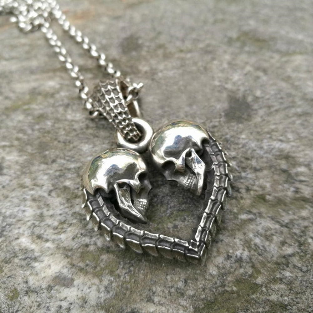 Stylish 2024 heart pendant with skulls, Silver skull necklace, Spine heart necklace, Men's women's goth jewellery, Gift pendent.