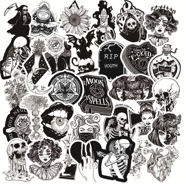 10/30/50pcs/Pack Cool Black And White Punk Skull Stickers Skateboard Guitar Luggage Laptop Waterproof PVC Graffiti Sticker Toys